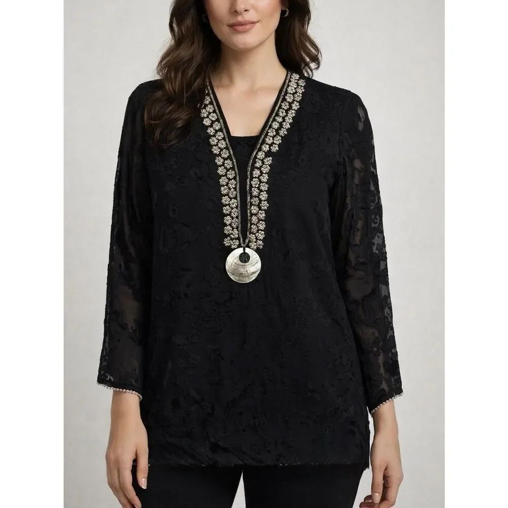 Silk Threads Black Silk Long Sleeve Sequined Semi Sheer Blouse Top Size XL